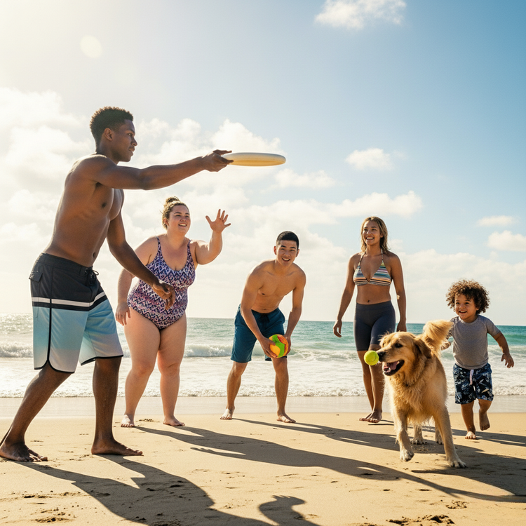 Group of people playing with a dog on a beach