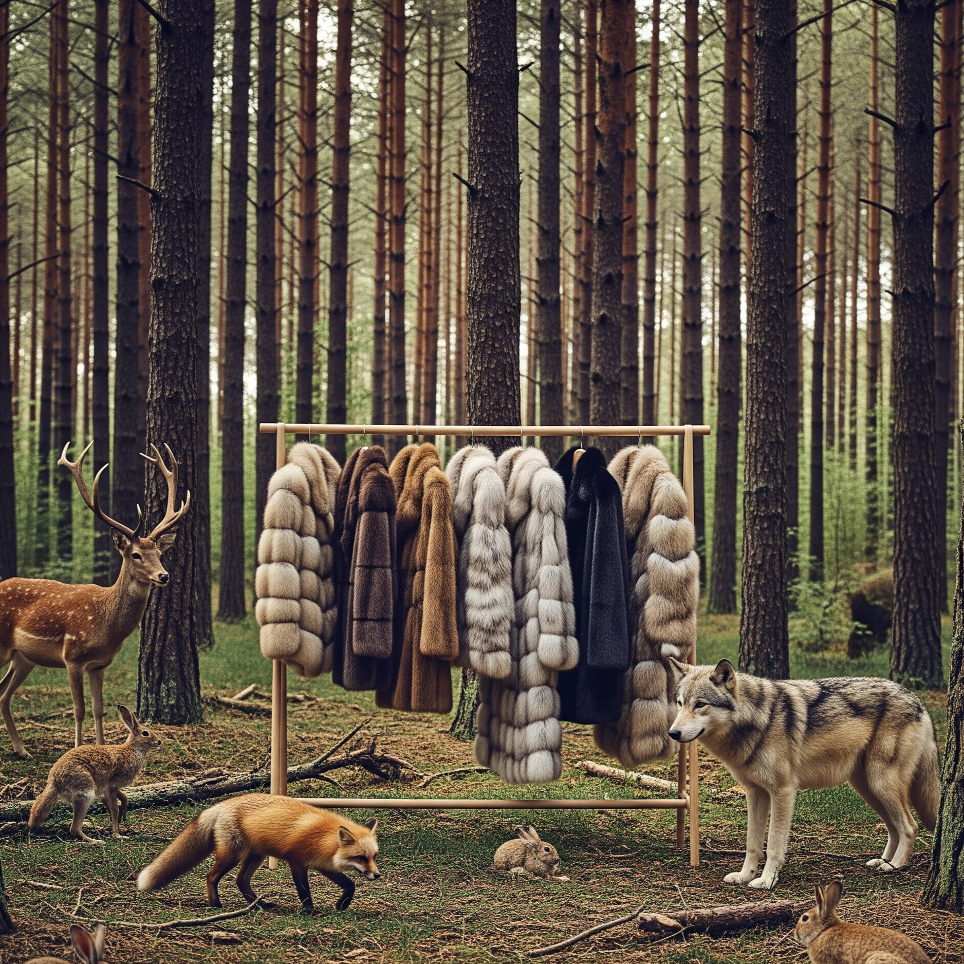 Animals in a forest with a clothing rack displaying various furs.