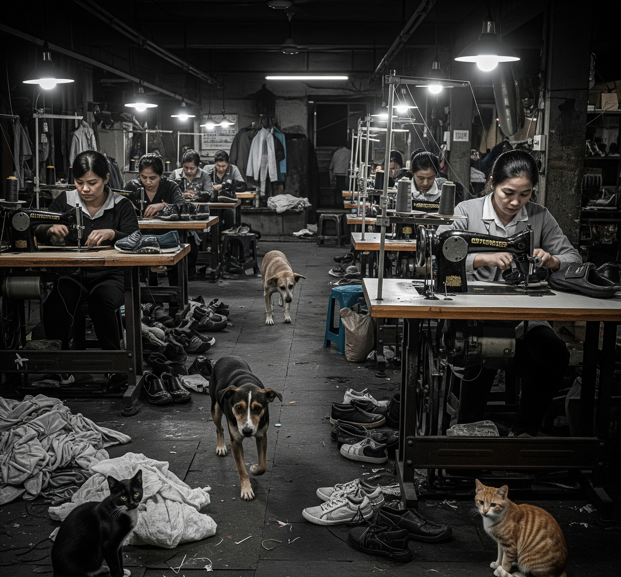 Workers in a dirty sewing factory with sewing machines, dogs and cats around.