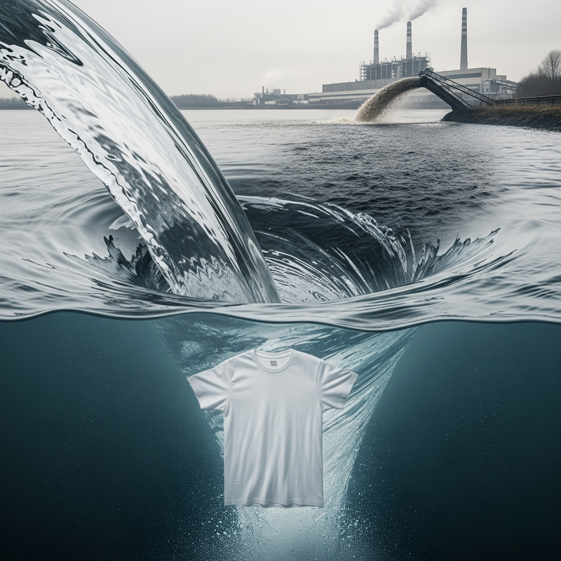 White t-shirt submerged in water with industrial background depicting the amount of water used to make one tee
