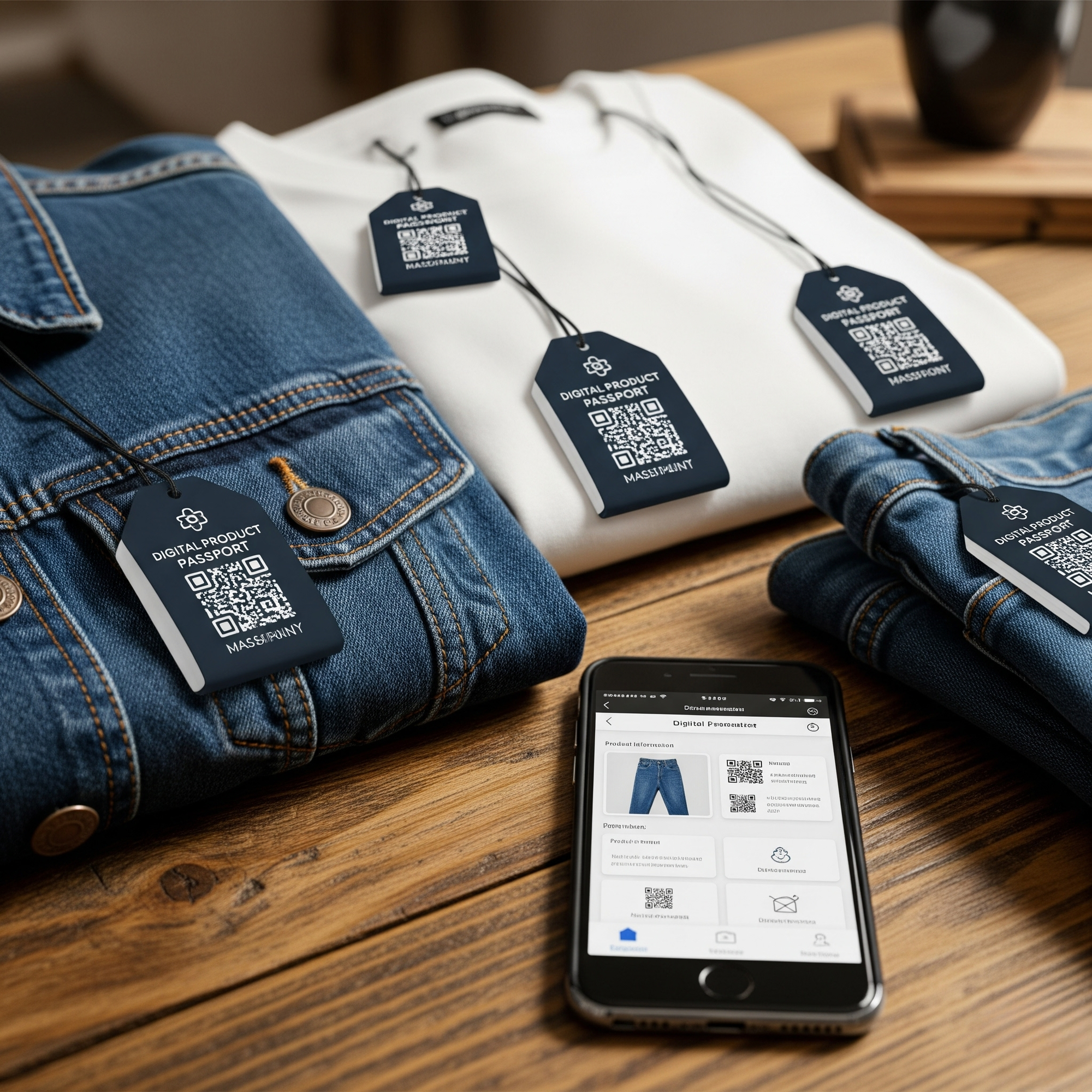 Clothing items with Digital Passport QR code tags on a wooden surface, accompanied by a smartphone displaying product information in the app.
