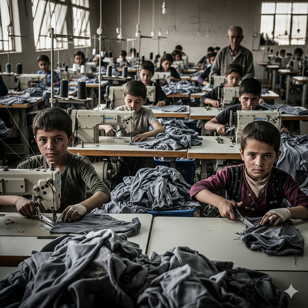 Children working at sewing machines in a factory setting