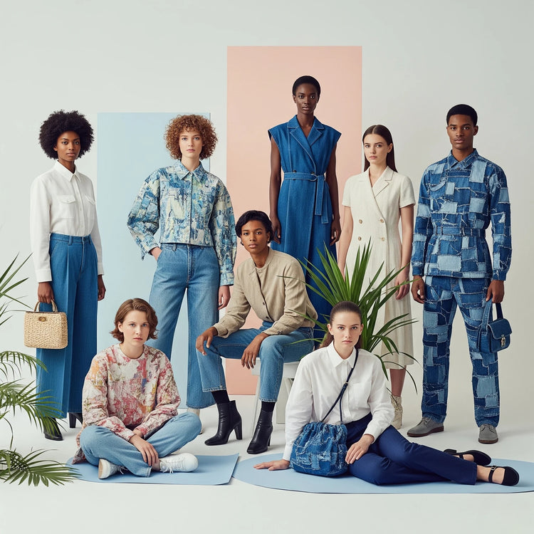 Group of people wearing a mix of casual and semi-formal  outfits with a minimal background.