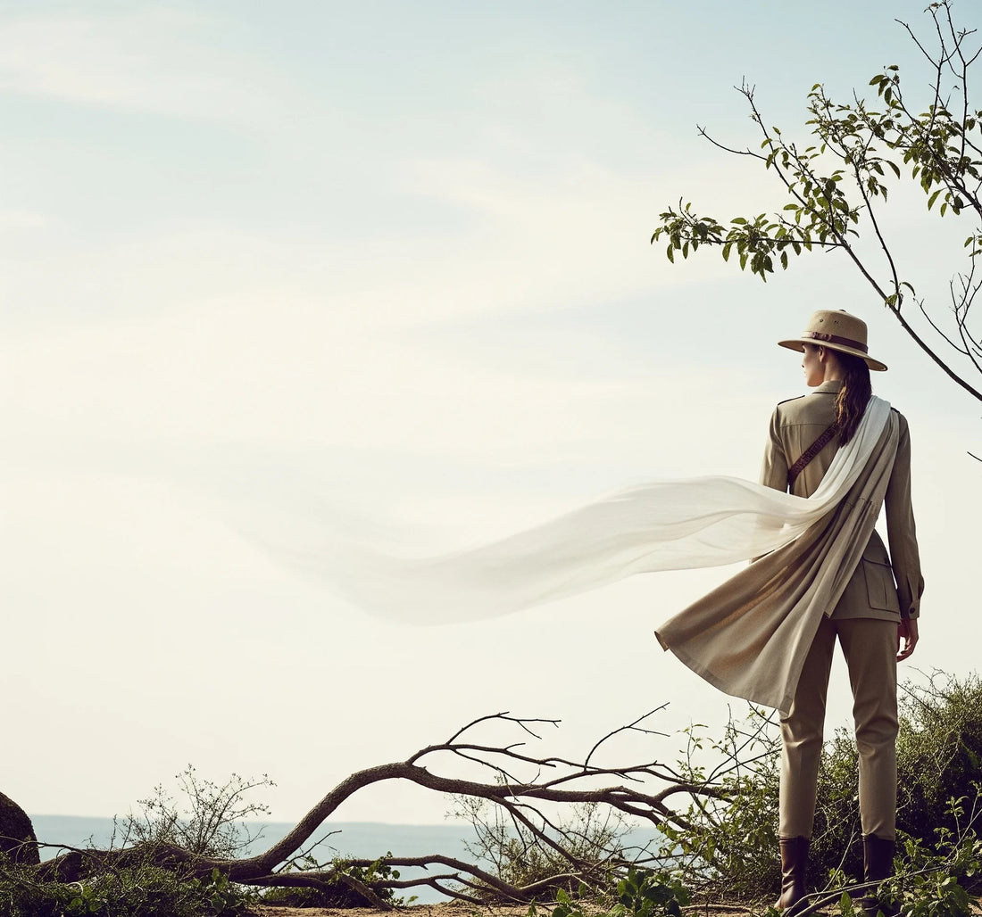 Woman in safari attire with flowing scarf looking out at a vast landscape, symbolizing Kyrei's journey into sustainable living, conscious ethical fashion, and holistic well-being.