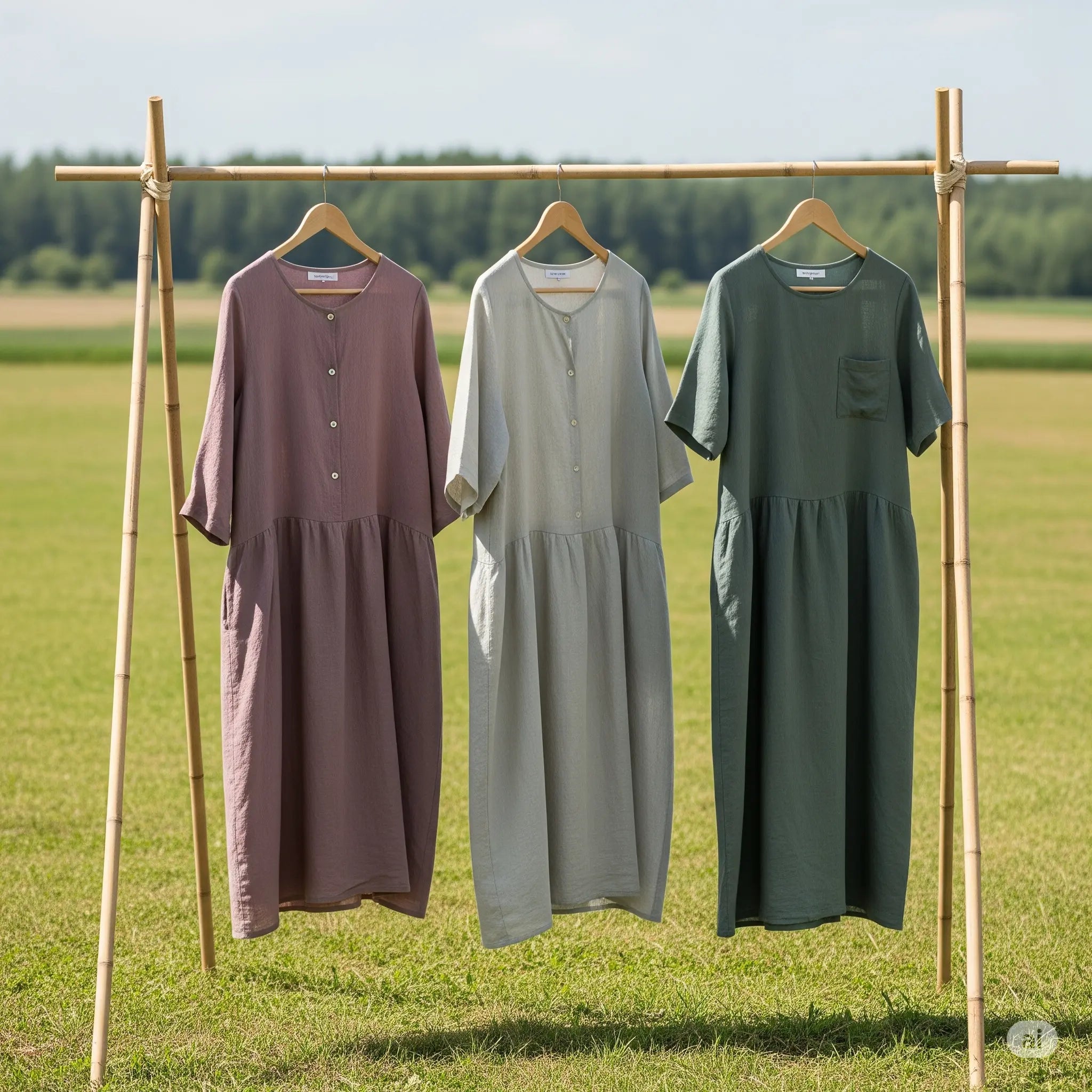 Three natural linen dresses in muted tones (mauve, sage, olive green) hanging on a bamboo rack outdoors in a grassy field, symbolizing comfortable, sustainable fashion and natural fibers for a conscious wardrobe.