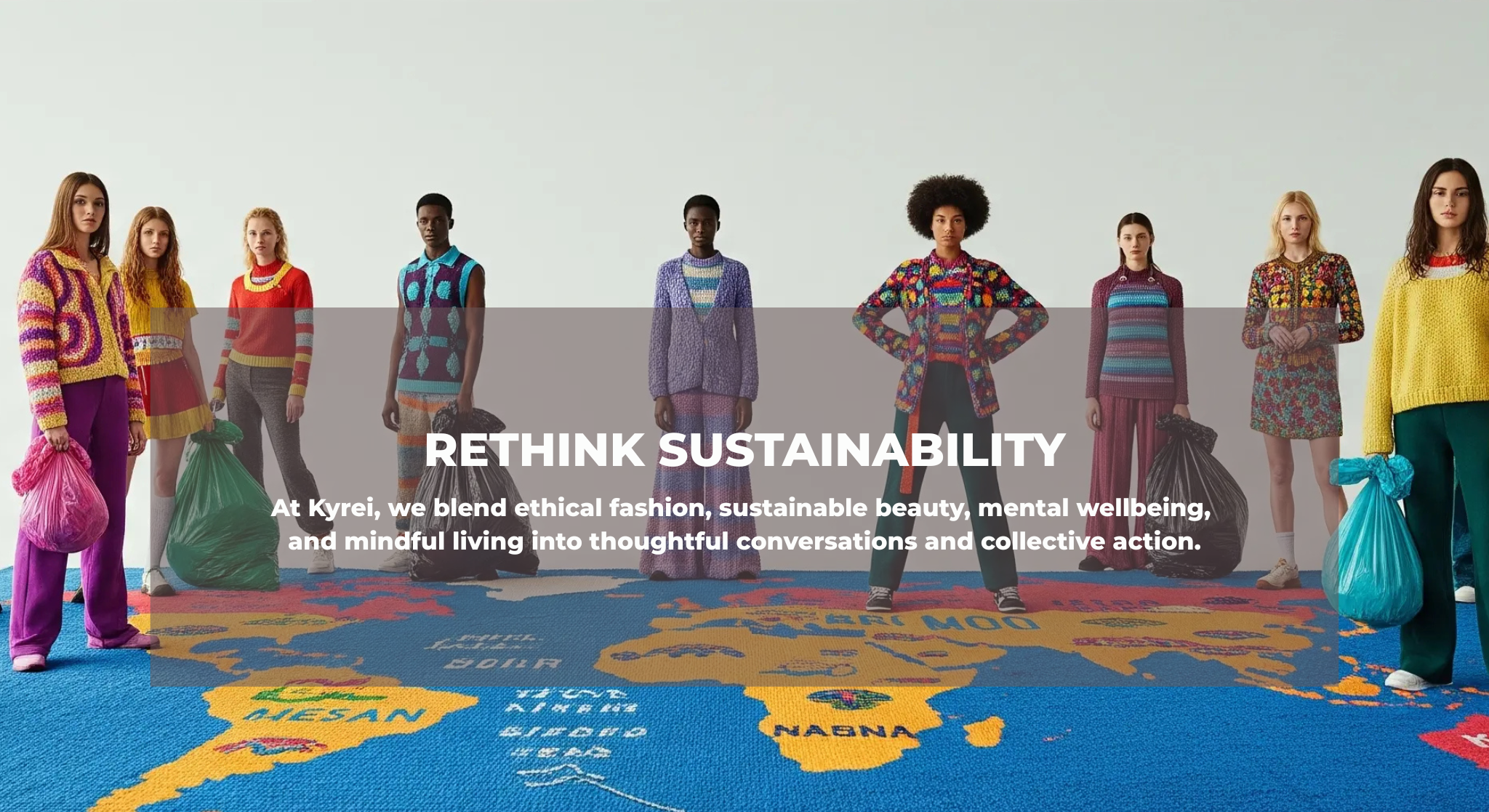 Group of people wearing sustainable.  colorful clothing on a world map with text about sustainability and ethical fashion.