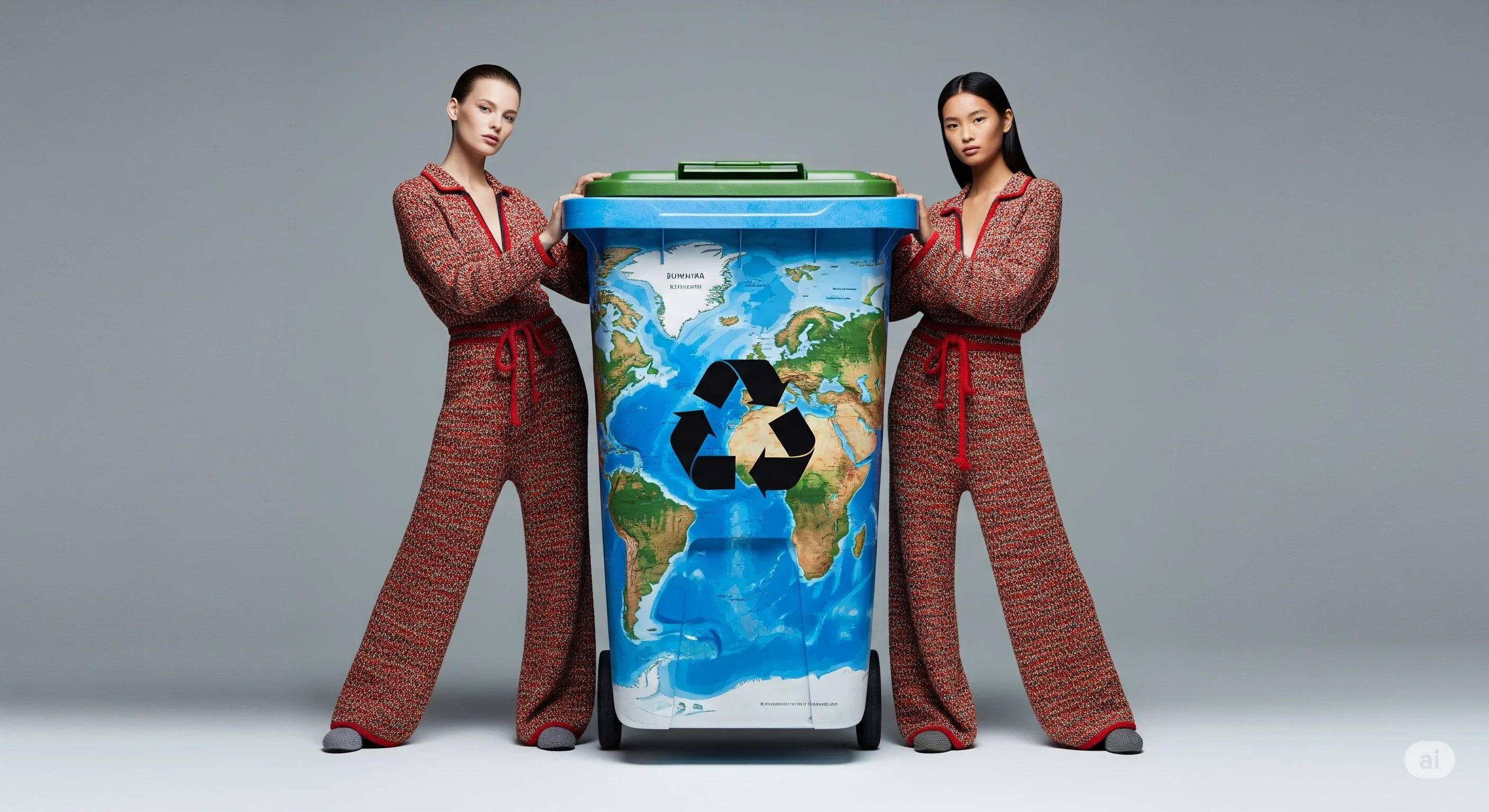 Two people holding a recycling bin with a world map design on a gray background