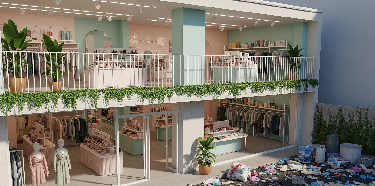 Multi-story retail store with appealing fashion and beauty displays contrasted sharply with a street-level area piled with discarded clothing, plastic, and general waste, symbolizing the reality of greenwashing  and environmental cost of unsustainable consumption and fast fashion.
