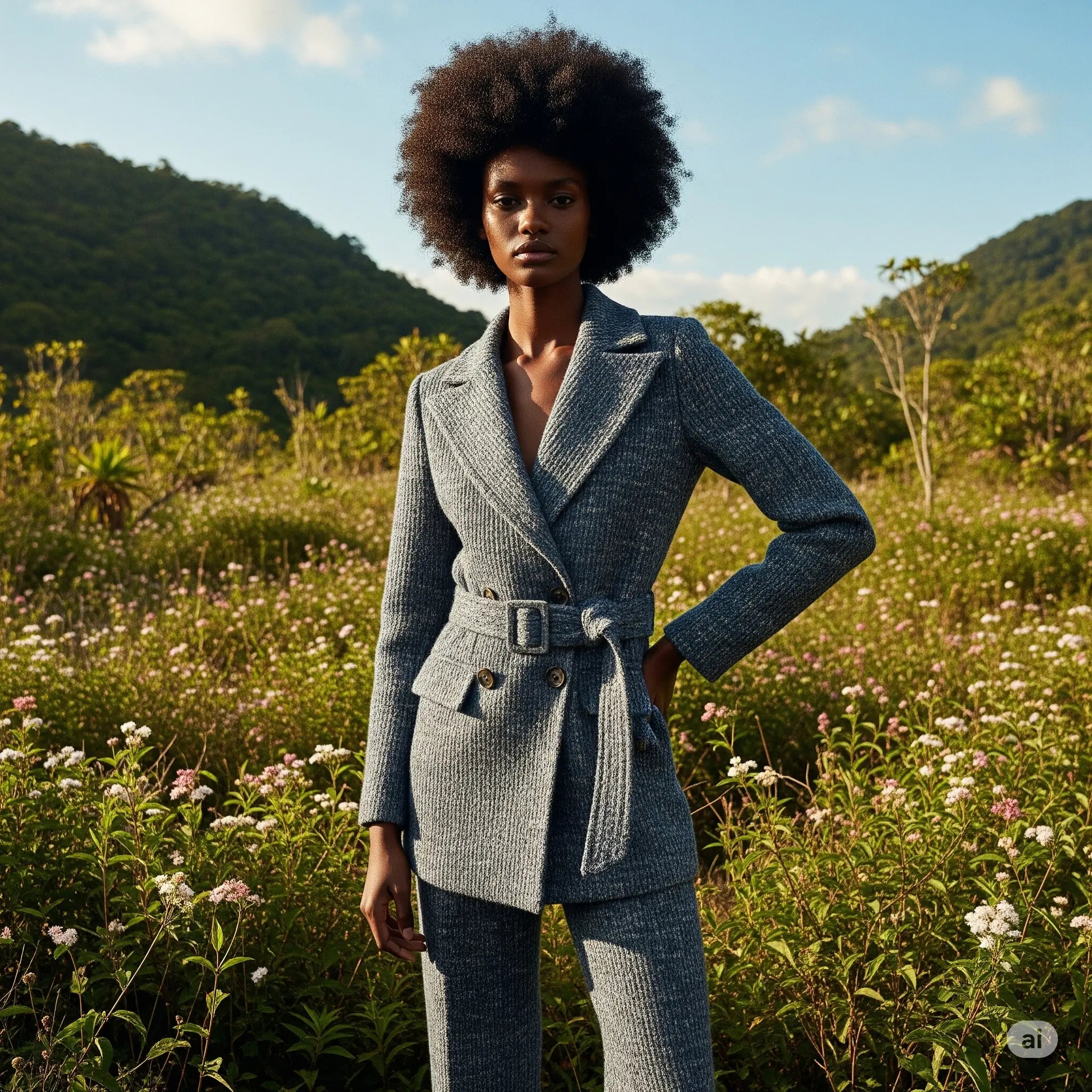 Confident woman wearing a stylish belted grey tweed pantsuit made from sustainable materials, standing in a field of wildflowers with lush green mountains in the background, symbolizing ethical professional wear and sustainable fashion.